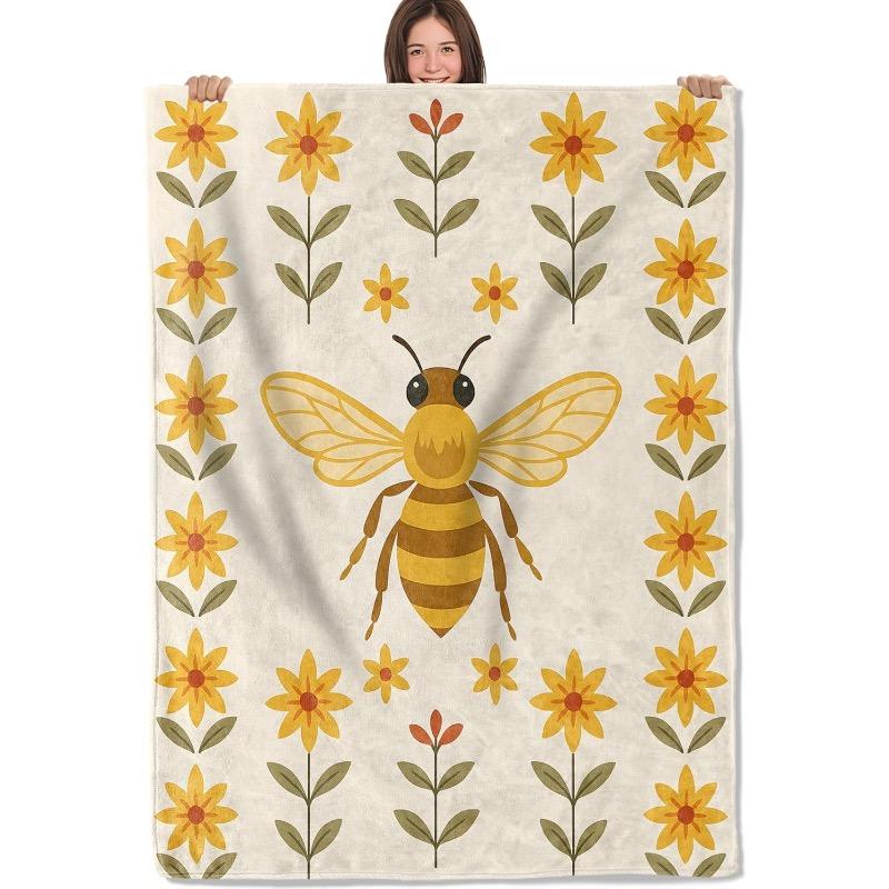 Floral Bee Blanket Soft Cozy Lightweight Flannel Throw Blanket for Living Room Bedroom Travel Home Cute Rustic Decor 75cmx90cm
