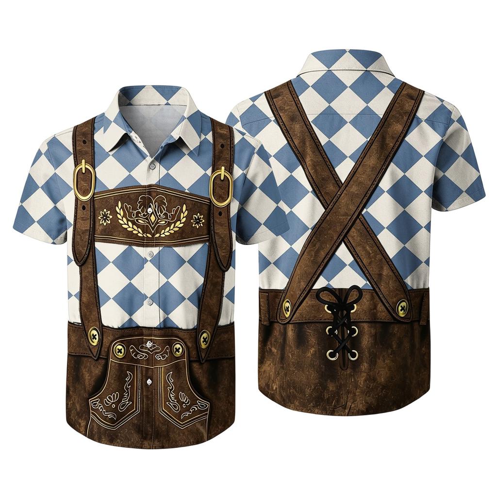 Men’s Short Sleeve Button Down Shirt with Vintage Festival Print Casual Relaxed Fit Top for Party and Daily Wear