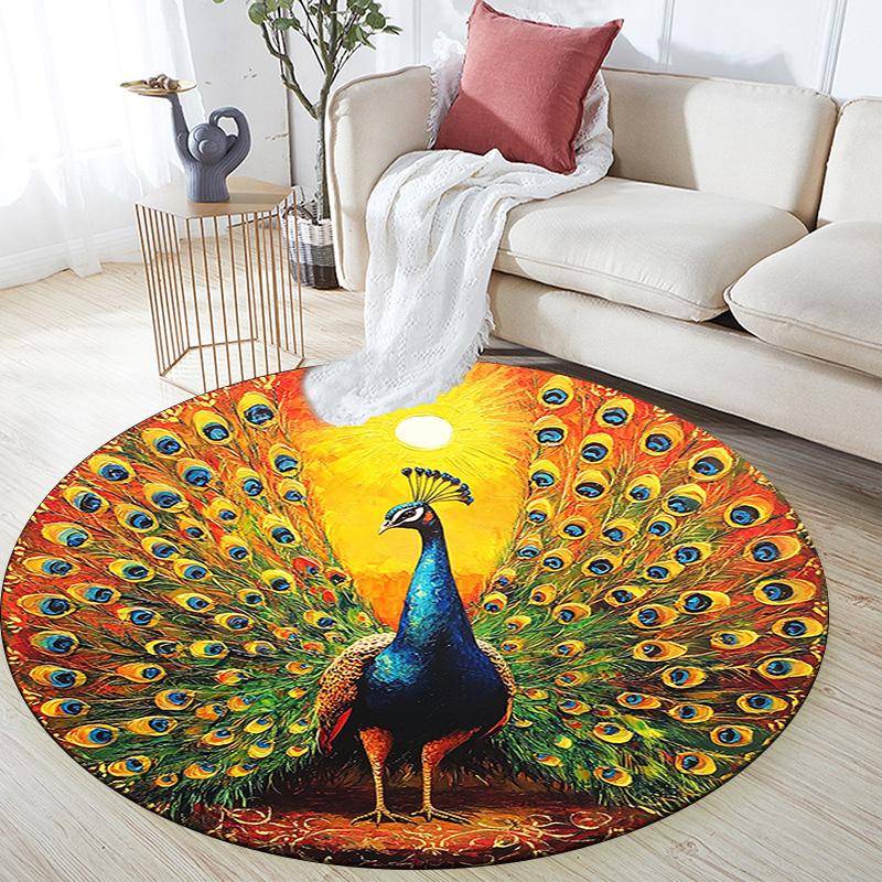 Peacock Round Area Rug,Carpet Rug for Living Room Bedroom Sofa Playroom Decor,Non-slip Floor Mat