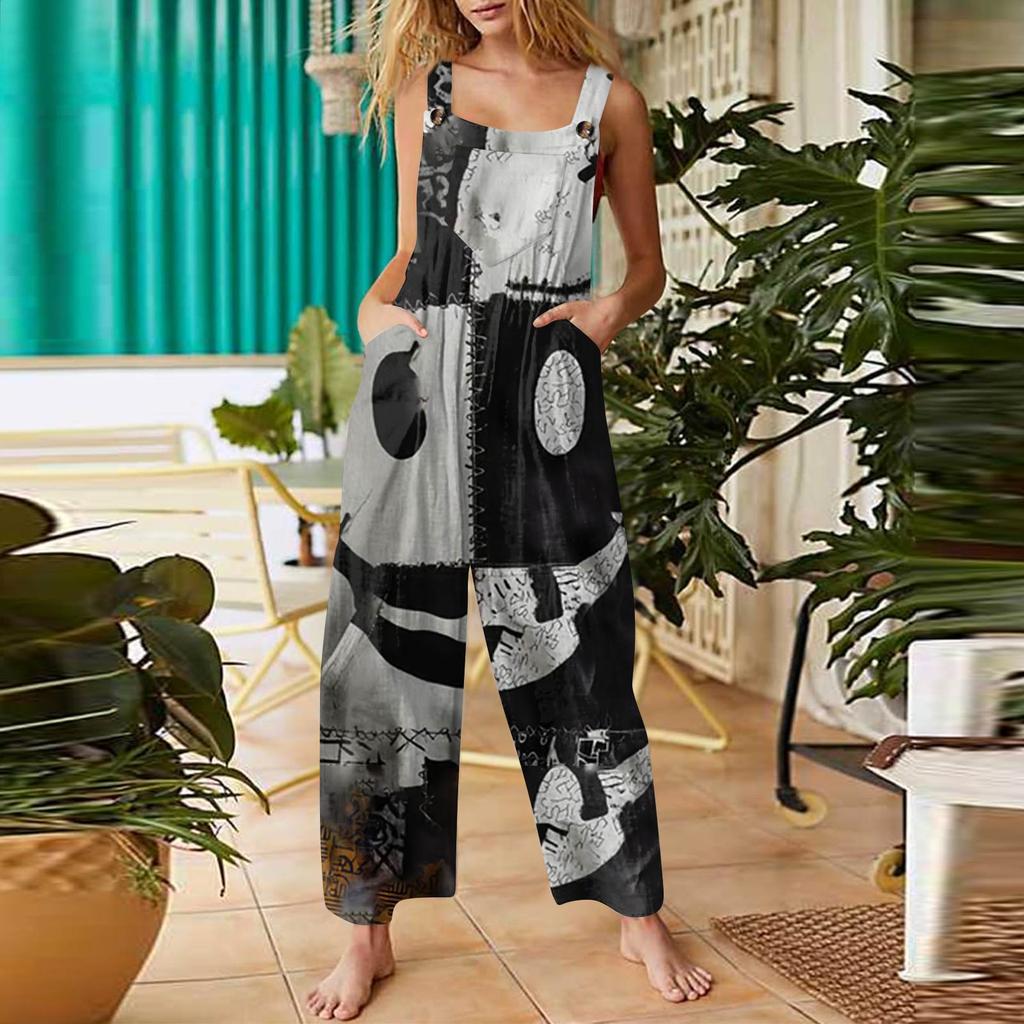 Women's Fashion Halloween Print Casual Vintage Sleeveless Button Jumpsuit