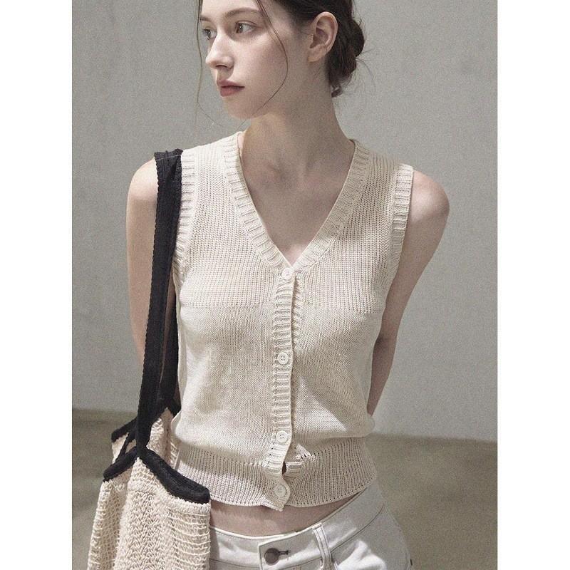 apricot v-neck knitted cardigan vest top women's summer sleeveless vest small short wear vest outside