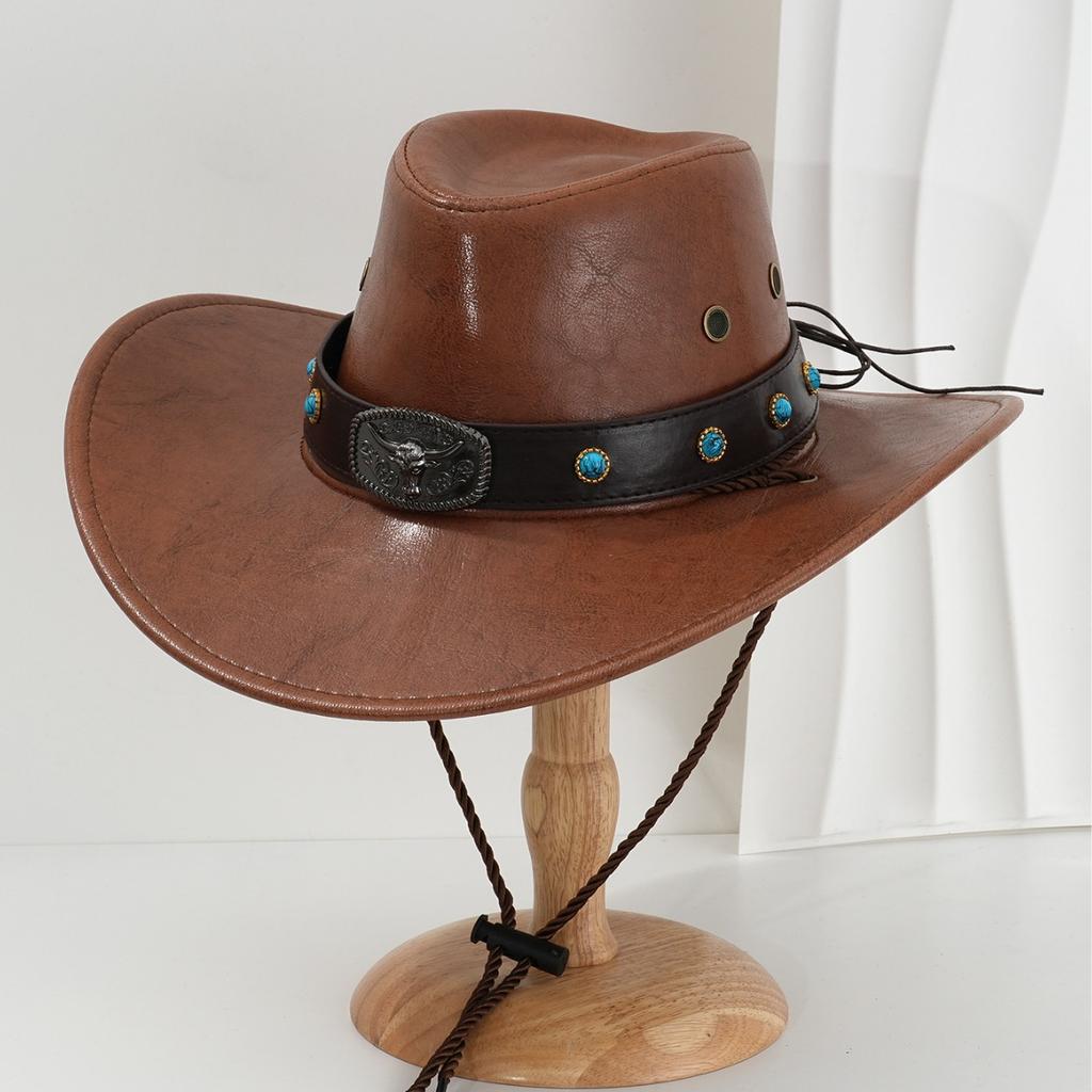 Men's and Women's Fashion PU Leather Cowboy Hat Party Top Hat Metal Engraved Bull's Head with Sapphire Point Diamond Rodeo