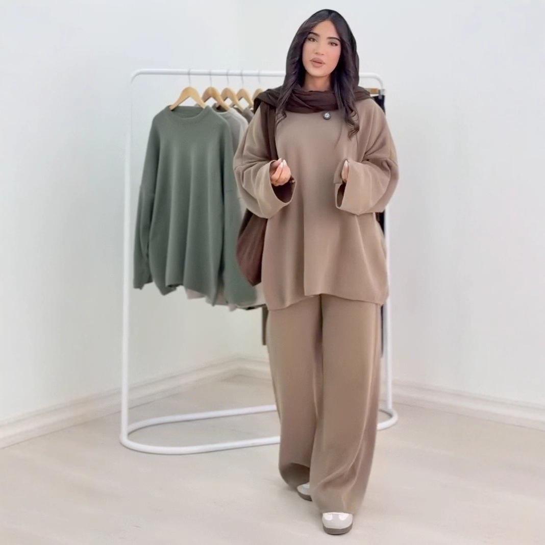 

Женский повседневный костюм-двойка для поездок: Топ с круглым вырезом и длинными рукавами, с широкими брюками в корейском стиле - Осенняя коллекция 2025 Double Extra Large верблюд