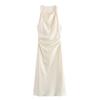 2024 European and American Fashion Black Silk Satin Midi Dress - Round Neck Sleeveless Design