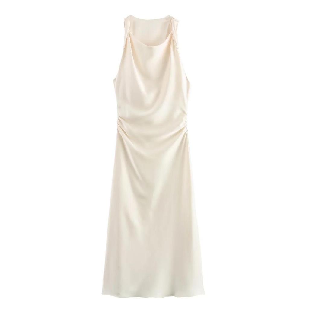 2024 European and American Fashion Black Silk Satin Midi Dress - Round Neck Sleeveless Design