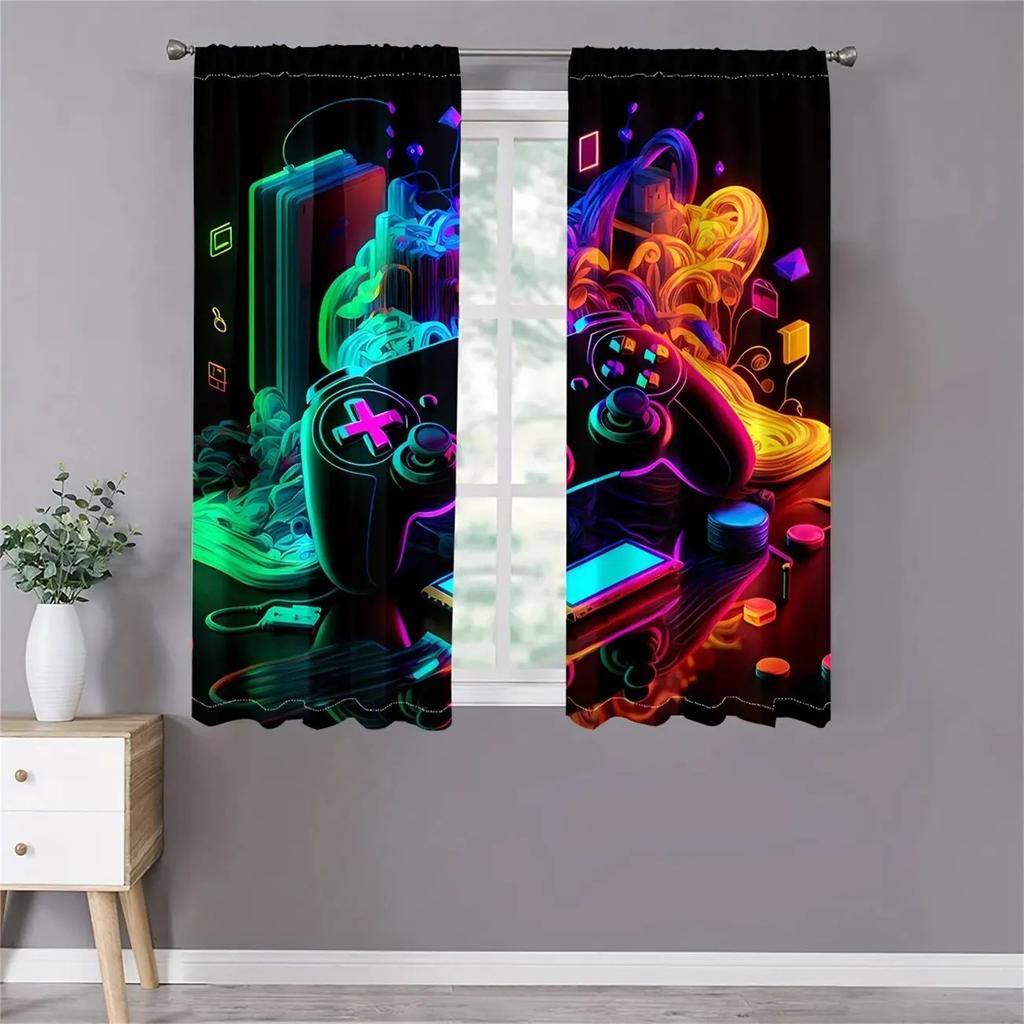 Set Of 2 Modern Jit Luminous Gamepad Curtains Polyester Drapes Gaming Room Window Decor Home Curtain Blackout With Rod Pocket