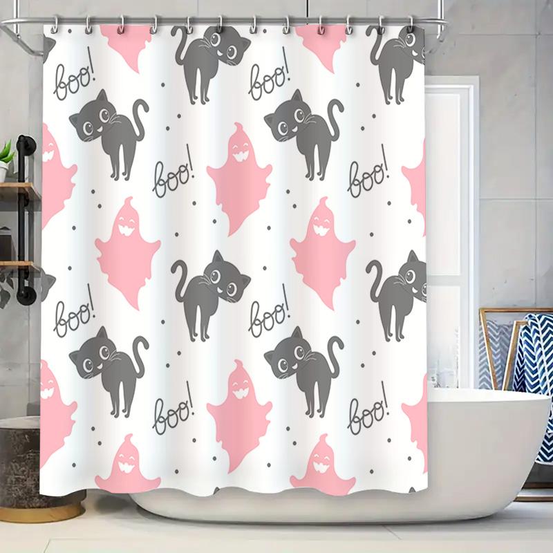 

Halloween-Themed Shower Curtain With Black Cats And Pink Ghosts Spooky Bathroom Decor For Fall ! (Item #5719468) W60H190(CM)-1 Pcs