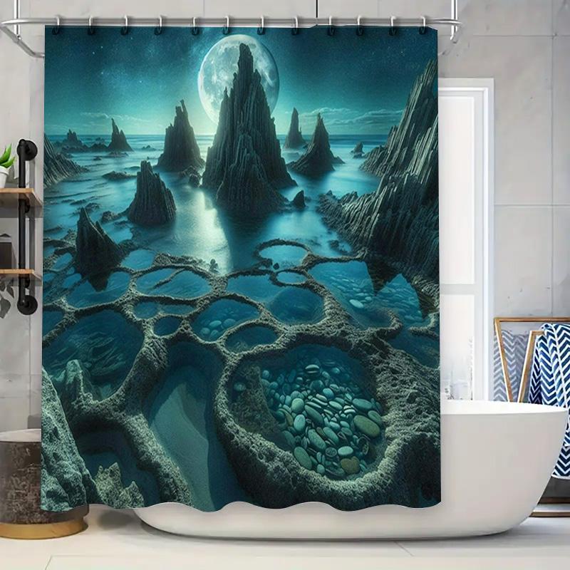 

Whimsical Moonlit Landscape Shower Curtain Underwater Cave Design for Modern Bathroom Decor (Green Blue) 90x180cm