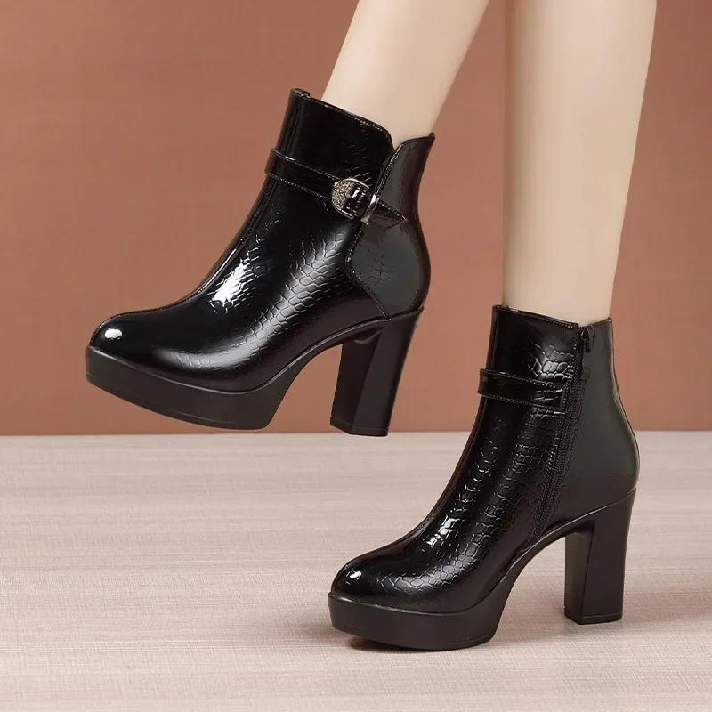 

9cm Small Size 32-43 Fall Winter Genuine Leather Boots Women s Platform Shoes 2025 Block High Heels Short Ankle Boots for Office 32