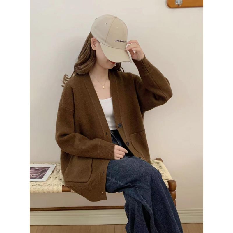 

Ретро карманный свитер-куртка женский осенне-зимний новый ленивый ветер свободная верхняя одежда вязаный кардиган топ One size кофейный