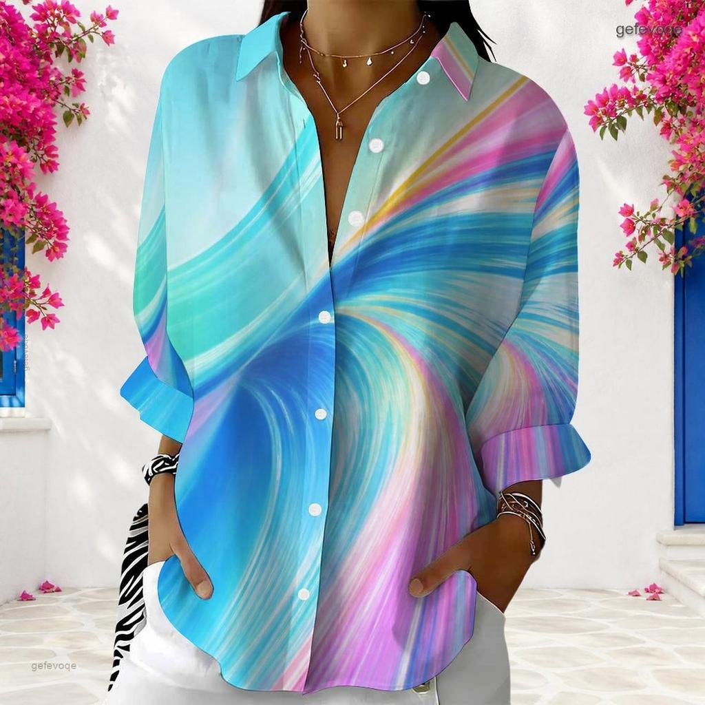 Women Plus Size Collared Long Sleeve Colorful Swirl Print Button Front Shirt