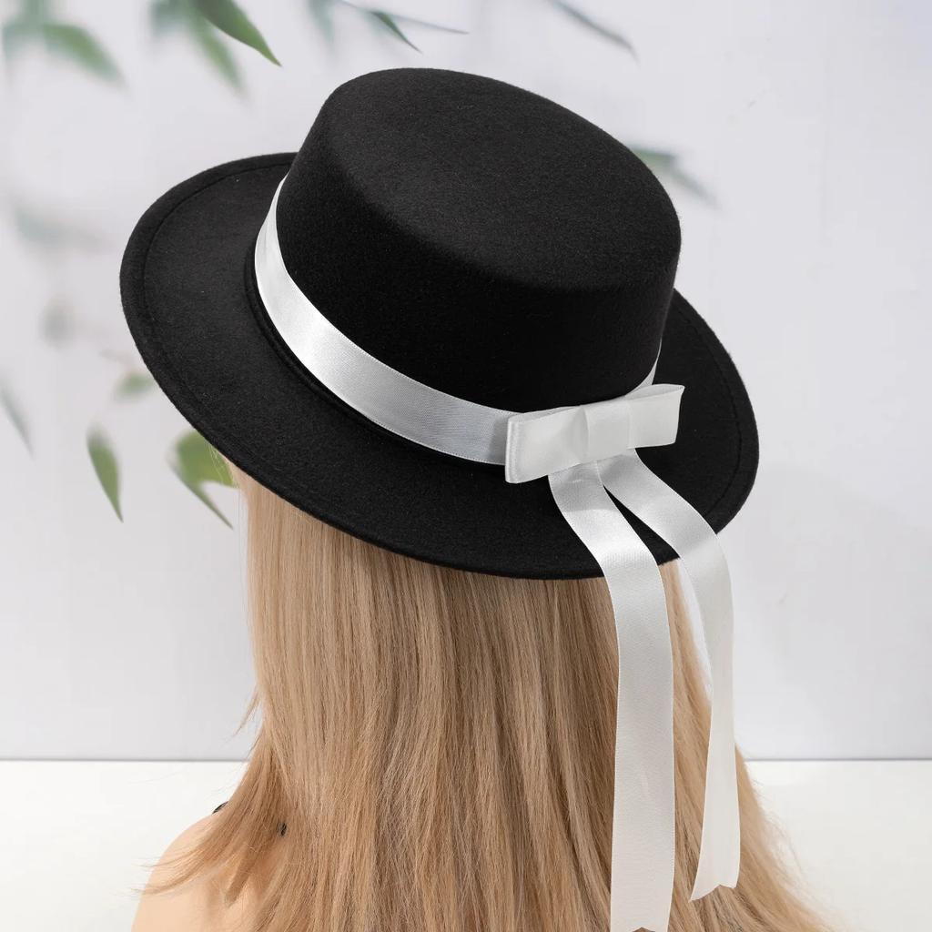 Handmade  Uniform Hat Elegant Flat Top Flat Edge Woolen Academy Style Bowtie Ribbon Hat