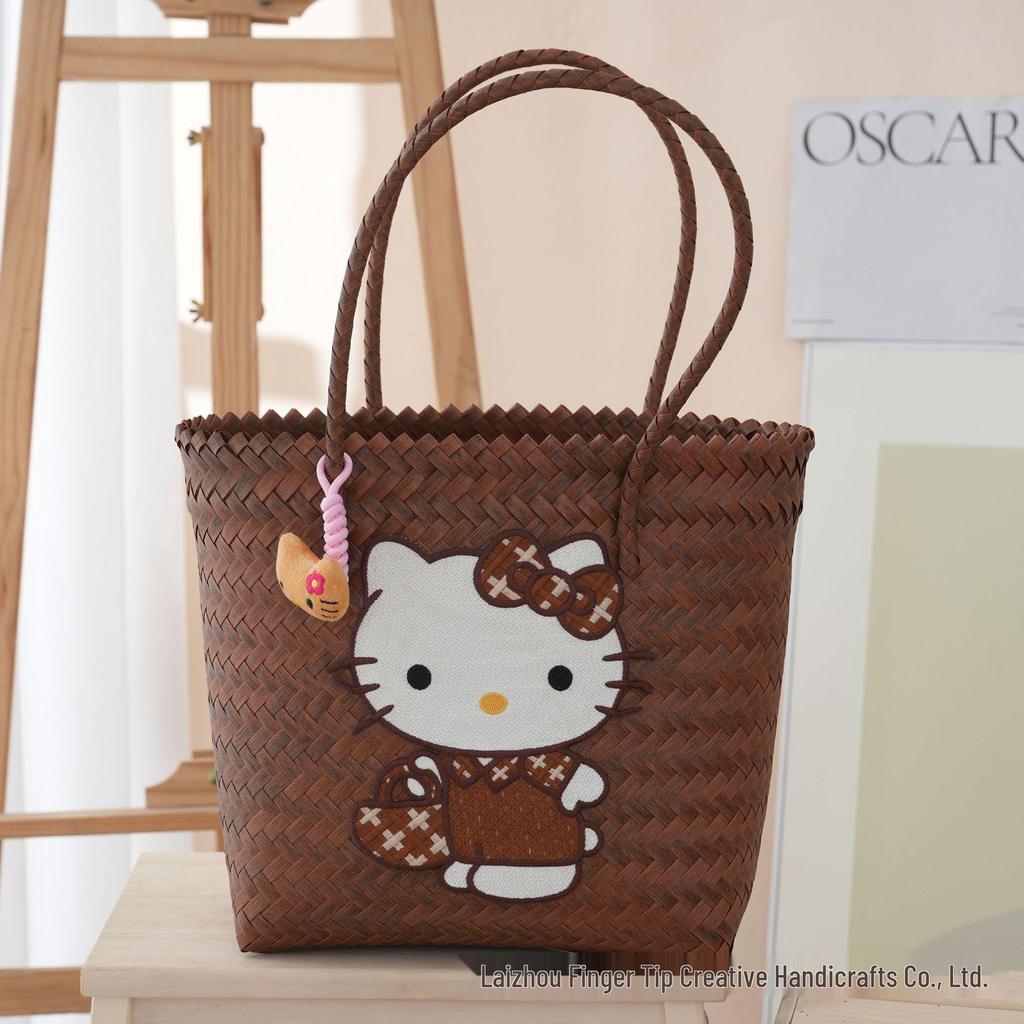 Cartoon Kitty Hand-Knitted Hello Kitty Large Capacity Women's Shoulder Travel Bag