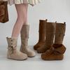 2026 Autumn and Winter Round Head Inner Height Increase Belt Buckle Medium Tube Martin Boots Women's Retro Suede Sleeve Elegant Fashion Boots