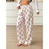 Summer Women Satin Pajama Pants Cute Heart Pattern Elastic Waist Loose Long Sleepwear Trousers Comfortable Home Lounge Pants