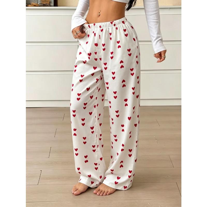 Summer Women Satin Pajama Pants Cute Heart Pattern Elastic Waist Loose Long Sleepwear Trousers Comfortable Home Lounge Pants