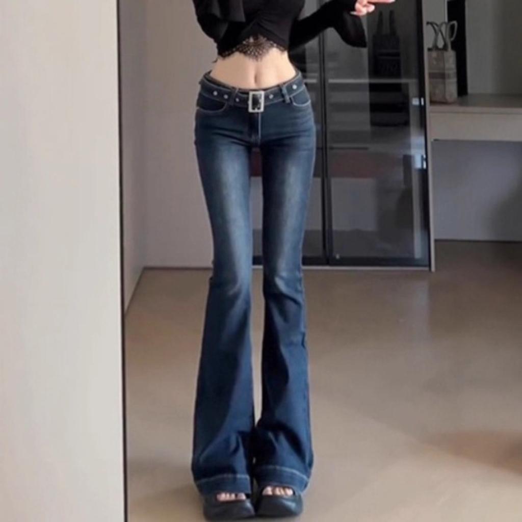 Jeans Donna a Vita Bassa Svasati Pantaloni a Zampa Elasticizzati Pantaloni in Denim Retro