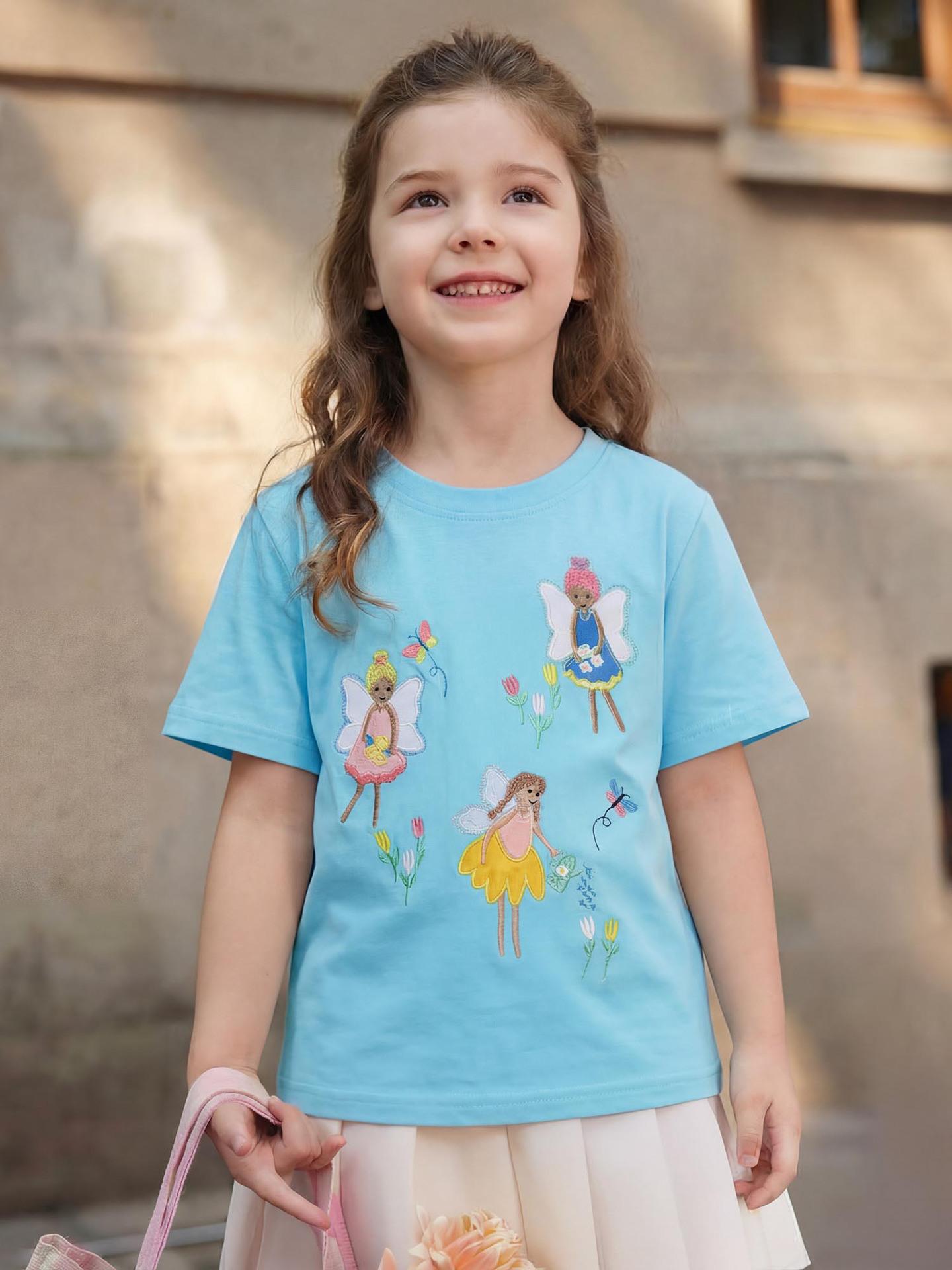 Girls Floral Embroidery Cotton T-shirt - European & American Style, Summer Sportswear Pullover 140cm (8Y) озеро синий