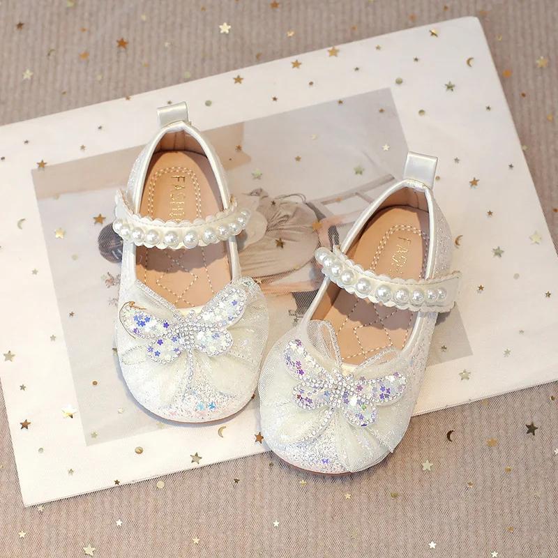 Girls Mary Janes Crystal Flats for Wedding Party Kids Sequined Butterfly-knot with Lace Princess Sweet Children Glitter Shoes