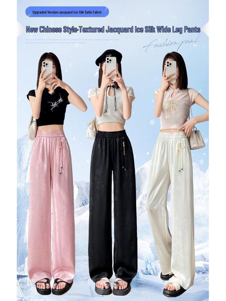 Damen Sommer Jacquard Satin Eis Seide Weitbein Hose