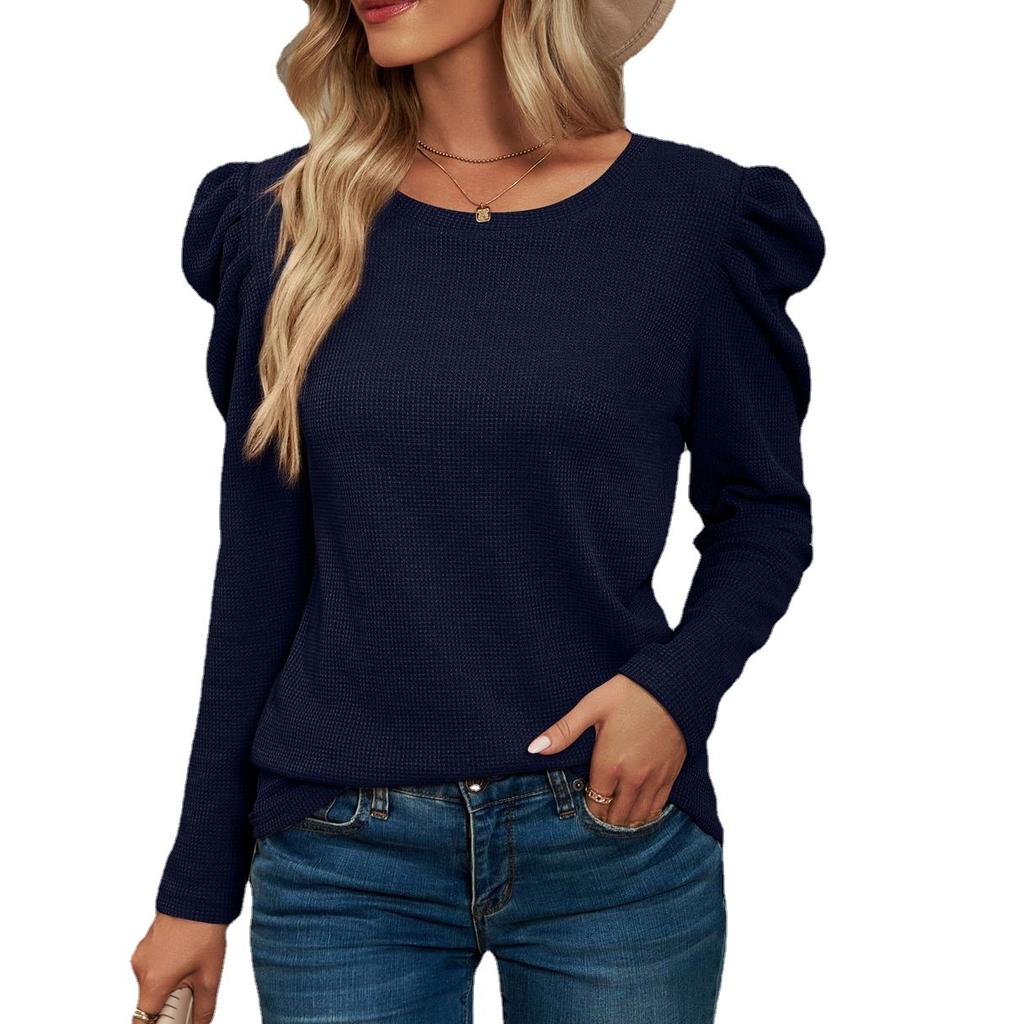 2024 Autumn/Winter New European And American Long Sleeve Folded Splicing Round Neck Waffle T-Shirt Top For Women