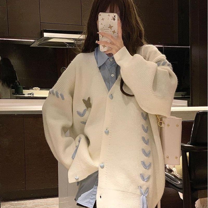 

Женский трикотажный кардиган с хлопковым ремешком в корейском стиле, модные женские свитера для осени, универсальный свободный женский свитер-пальто One Size белый