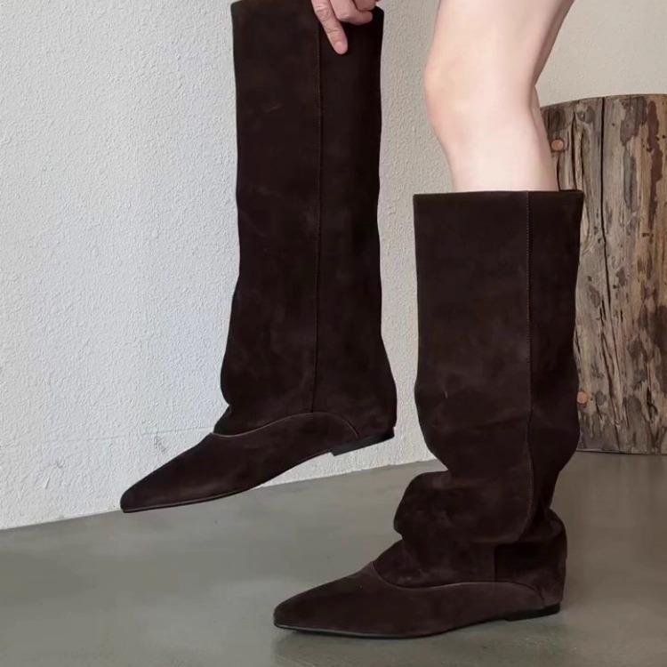 Cowhide version~ Retro pointed inner height-increasing knight boots for women's 2025 autumn and winter new versatile and thin pleated piled boots