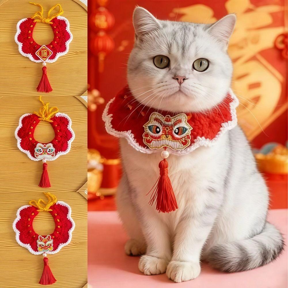 Handmade Cat Dog Scarves Lightweight Chinese Style New Year Cat Bow Tie Embroidery Pattern Red Tassels Knitted Pet Collar