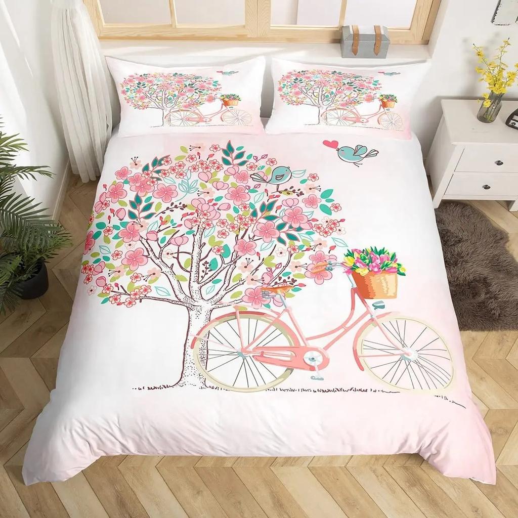 Girls Butterfly Duvet Cover Set Kids Floral Bicycle Bedding Set Fantasy Animals Comforter Cover Flower Bike Spring Bedclothes