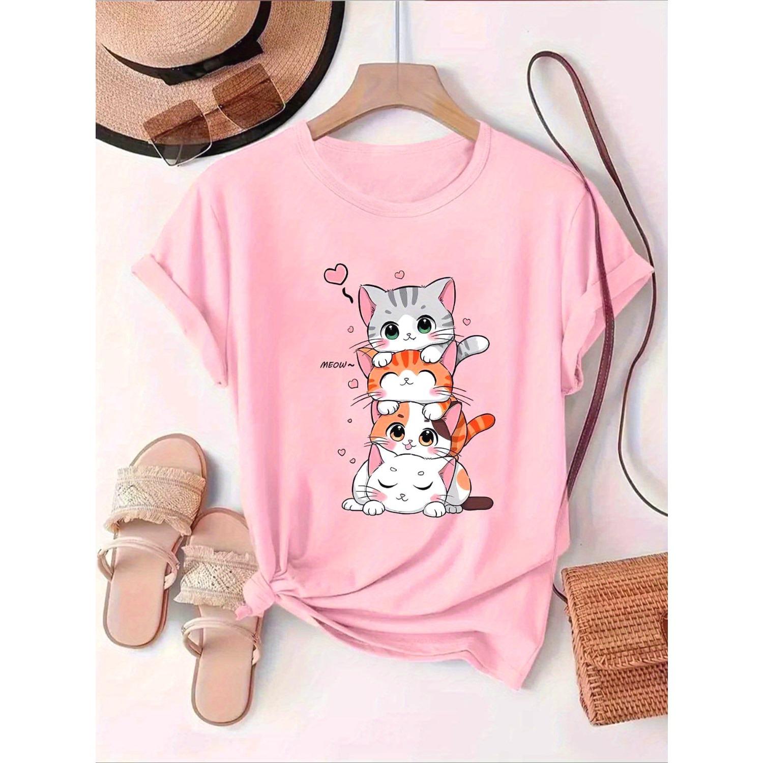 

Женская футболка с коротким рукавом с креативным принтом трех милых котят, летняя футболка с круглым вырезом, женская повседневная одежда 3XL