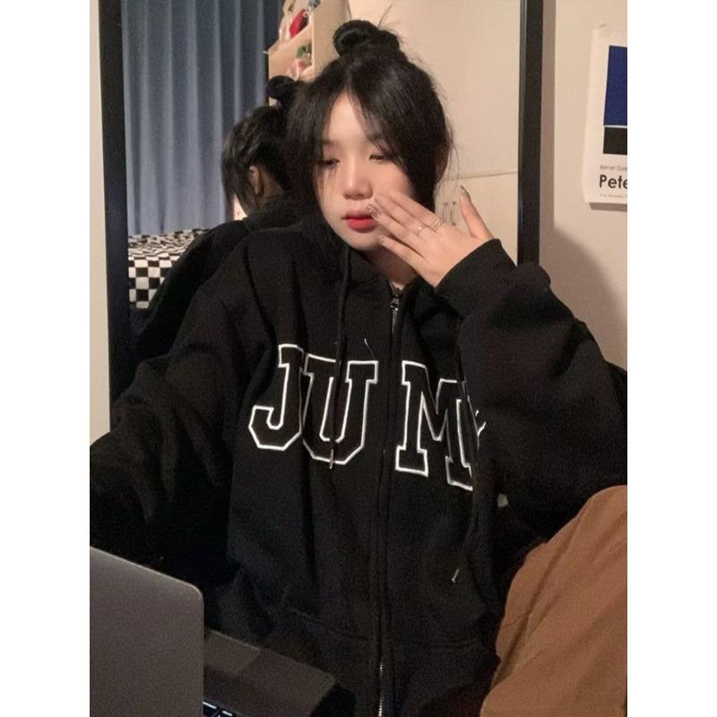 Утолщенная толстовка с капюшоном из бархата с вышитыми надписями кардиган с капюшоном на молнии свободная повседневная толстовка с капюшоном для женщин One Size чёрный 2459₽