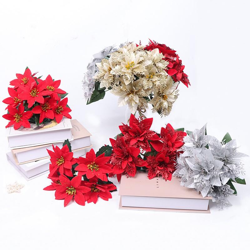 Artificial Christmas Poinsettia Bouquet 5-18 Branches Velvet Faux Plant Holiday Table Decor