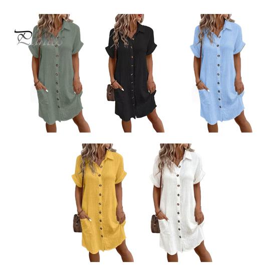 Damen Baumwoll-Leinen-Kleid, lässiges Button-Down-Kleid mit V-Ausschnitt und Taschen, Sommer-Kurzarm-Strandkleid