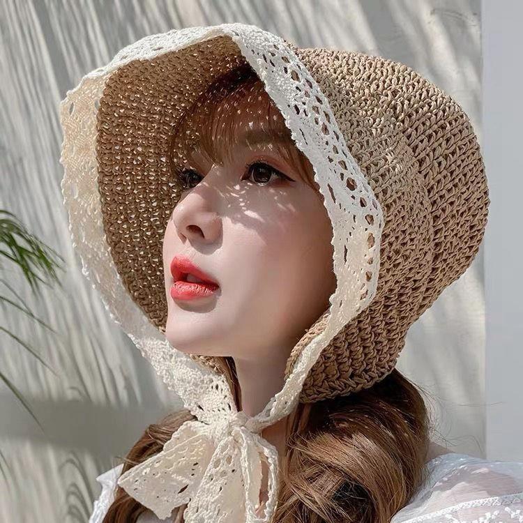 Straw Hat Women's Summer Lace Tied Beach Hat Beach Vacation Sun Protection Hat Strap