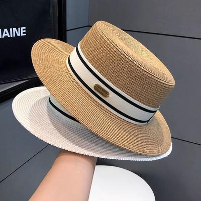Summer Flat Top Straw Hat Women's Celebrity Style Top Hat Seaside Beach Sunshade Sunscreen Hat British Retro Sun Hat