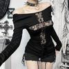 Goth Dark Sexy Lace Patchwork Cross Long Sleeve Pulloves T-shirts Y2K Women Streetwear Mall Gothic Slim Tops T-shirt