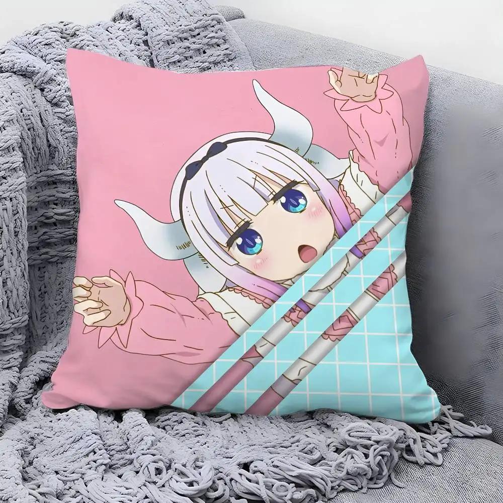 Anime Miss Kobayashis Dragon Kobayashi Kanna Pillow Case Square Double‑Sided Print Cushion Case For Sofa Home Bedchamber Decor
