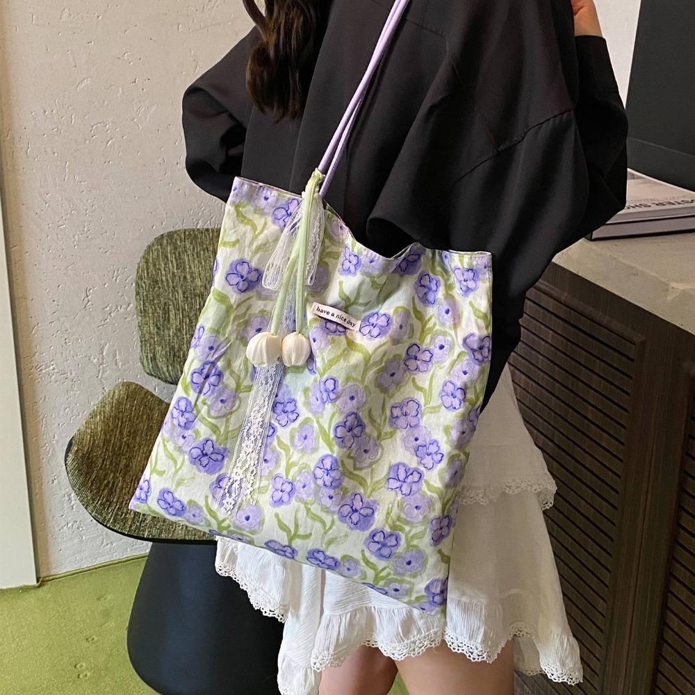 Green Double Sided Tote Bag Lightweight Shopping Handbags Chic Purple Flower Shoulder Bags  Travel