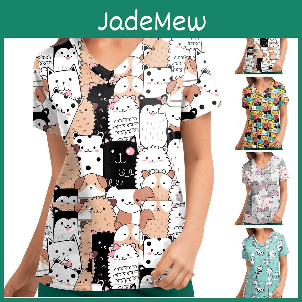 Cute Tshirts Print Personalized Womens Short Sleeve Vneck Top Work Uniform Pocket Tops