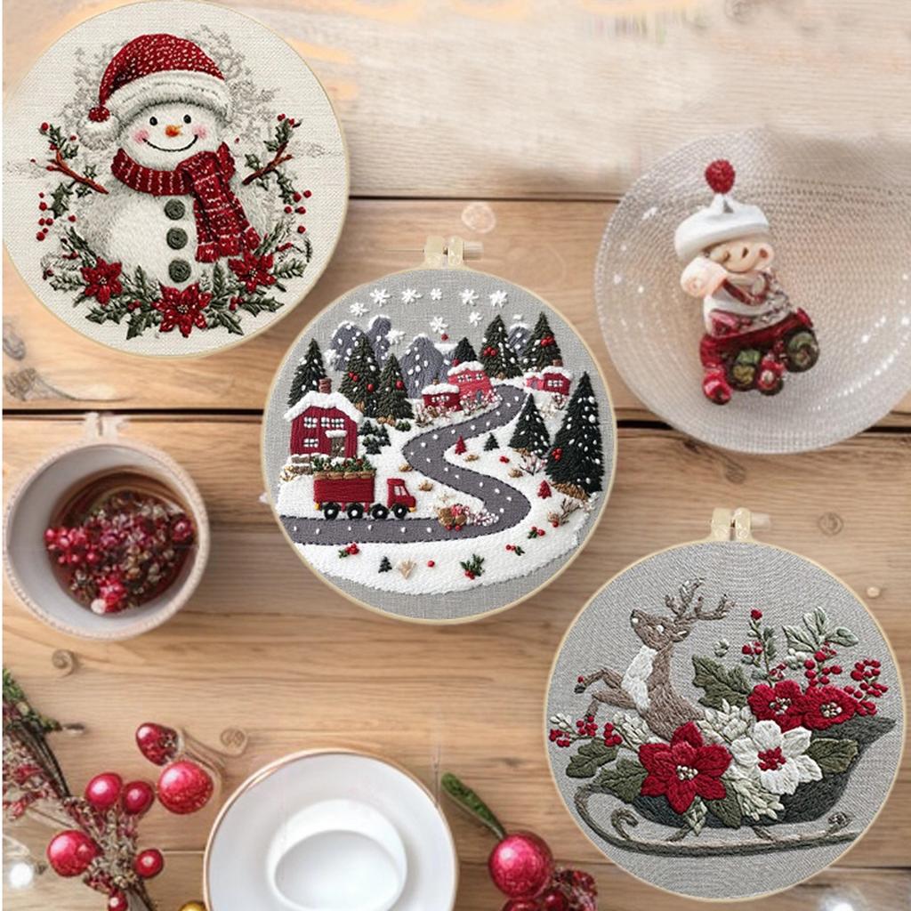 1 set Snowy Path and Snowman DIY Embroidery Material Kit, suitable for beginners, includes tools and stitch tutorial. Embroidery Fabric Material Kit