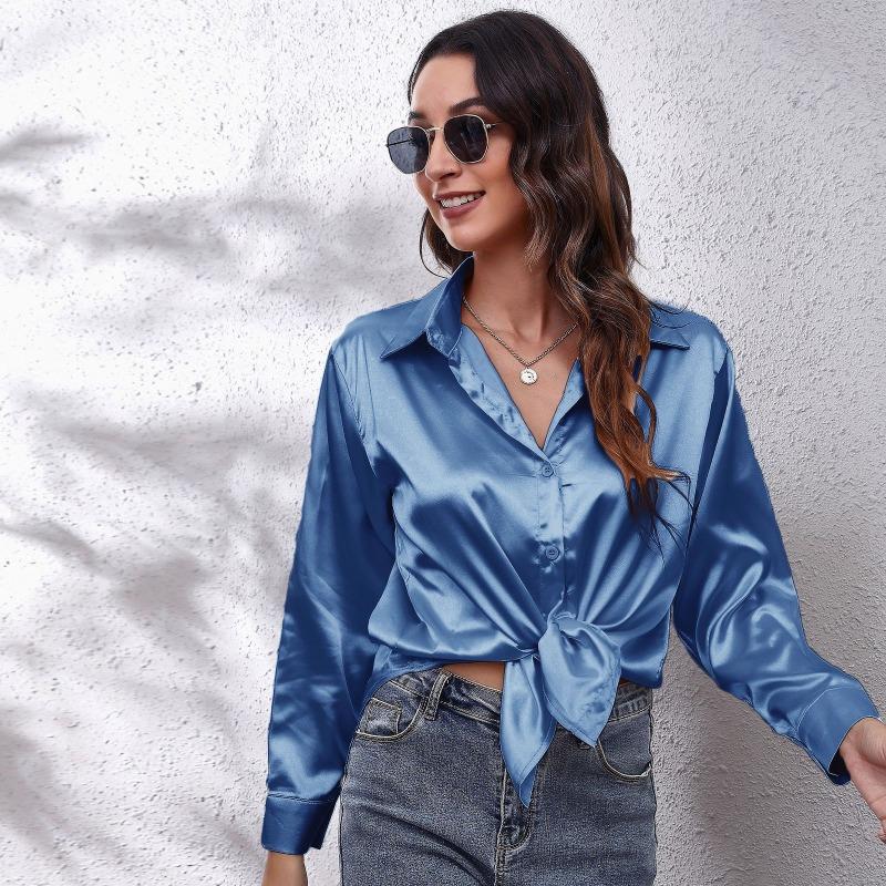 JPNTKY Women's Fashion Casual Solid Color Print POLO Neck Long Sleeve Blouses & Shirts