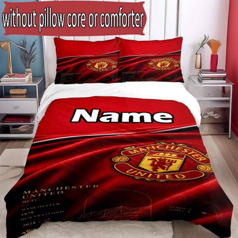 3pcs Duvet Cover Set (1*Duvet Cover + 2*Pillowcase, Without Core), Custom Name Manchester Football F.C Pattern Bedding Set, Home Bedroom Decor Gift
