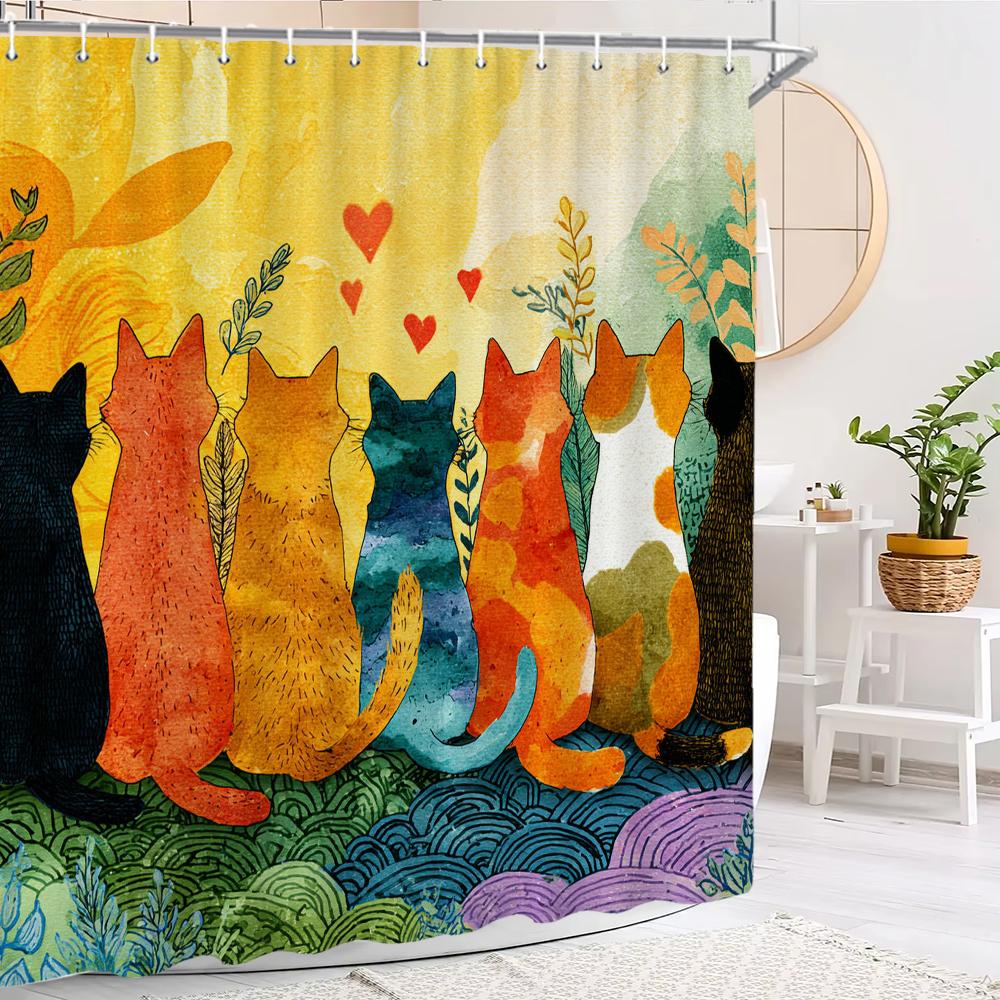 Watercolor Colorful Kitten Shower Curtain,Bathroom Decorative Shower Curtain, Printed Fabric Home Curtain With Hooks