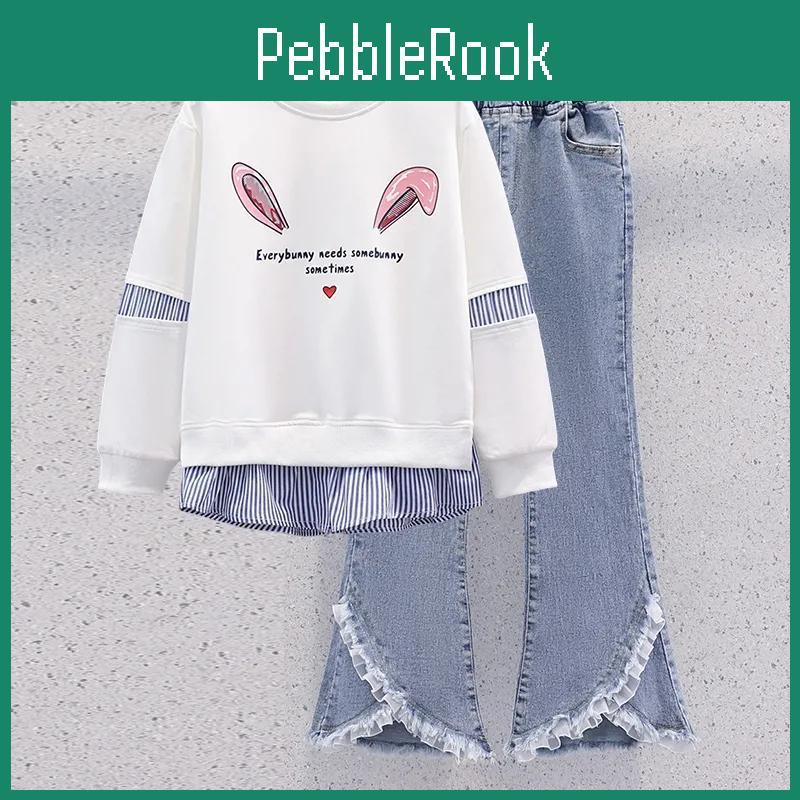 Middle Girls Spring Suit Casual And Big Children Autumn Long Sleeve Round Neck Pullover Jeans Twopiece Set