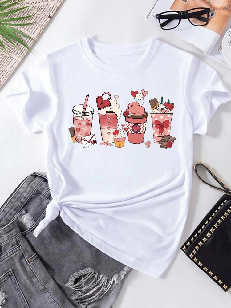 Women's T-shirt Korean Fashion Graphic Cup Print Women's Clothing T-shirts for Valentine's for Lovers Aesthetic Clothes Casual