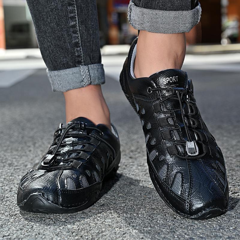 Mesh Breathable Outdoor Men's Sports Shoes Flat Bottomed Anti Slip Wear-resistant Leather Casual Shoes Comfortable Driving Shoes