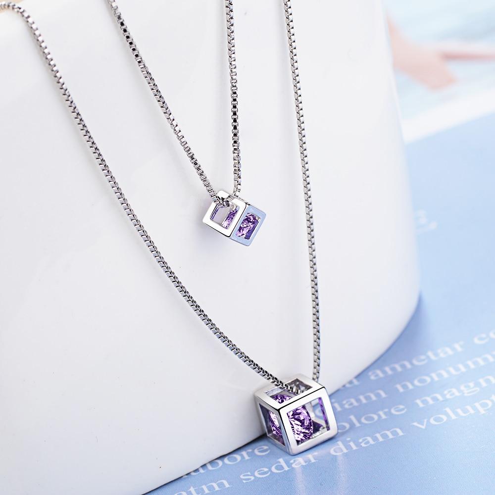 925 Sterling Silver Square Cube Zirconia Choker Statement Necklace For Women Double Layer Pendants & Necklaces S-n209