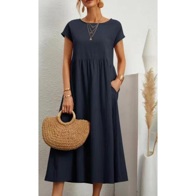 QICED Fashion Summer Spring Solid Color Print Short Sleeve O-Neck Casual Dresses
