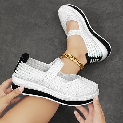 Women'S Fashion Casual Hand-woven Shoes, Solid Color, Low Top, Slip-on, Plain Toe, Summer Season,Fabric Insole, No Printing,