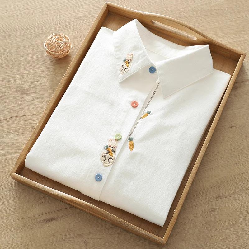 Women's Long Sleeve White Cotton Shirt with Rabbit and Radish Embroidery – Spring & Autumn Collection